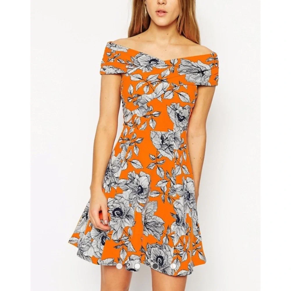 ASOS Bardot Floral Print A line Mini Dress with Cross Front